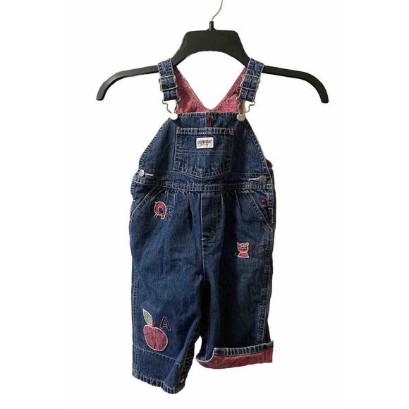 OshKosh B’gosh Other - OshKosh Jeans Overalls Bibs SZ 12M Embroidered Bird‎ Cat Apple Pink Lined